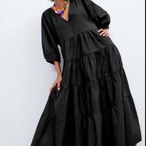 Zara Black Voluminous Tiered Poplin Dress